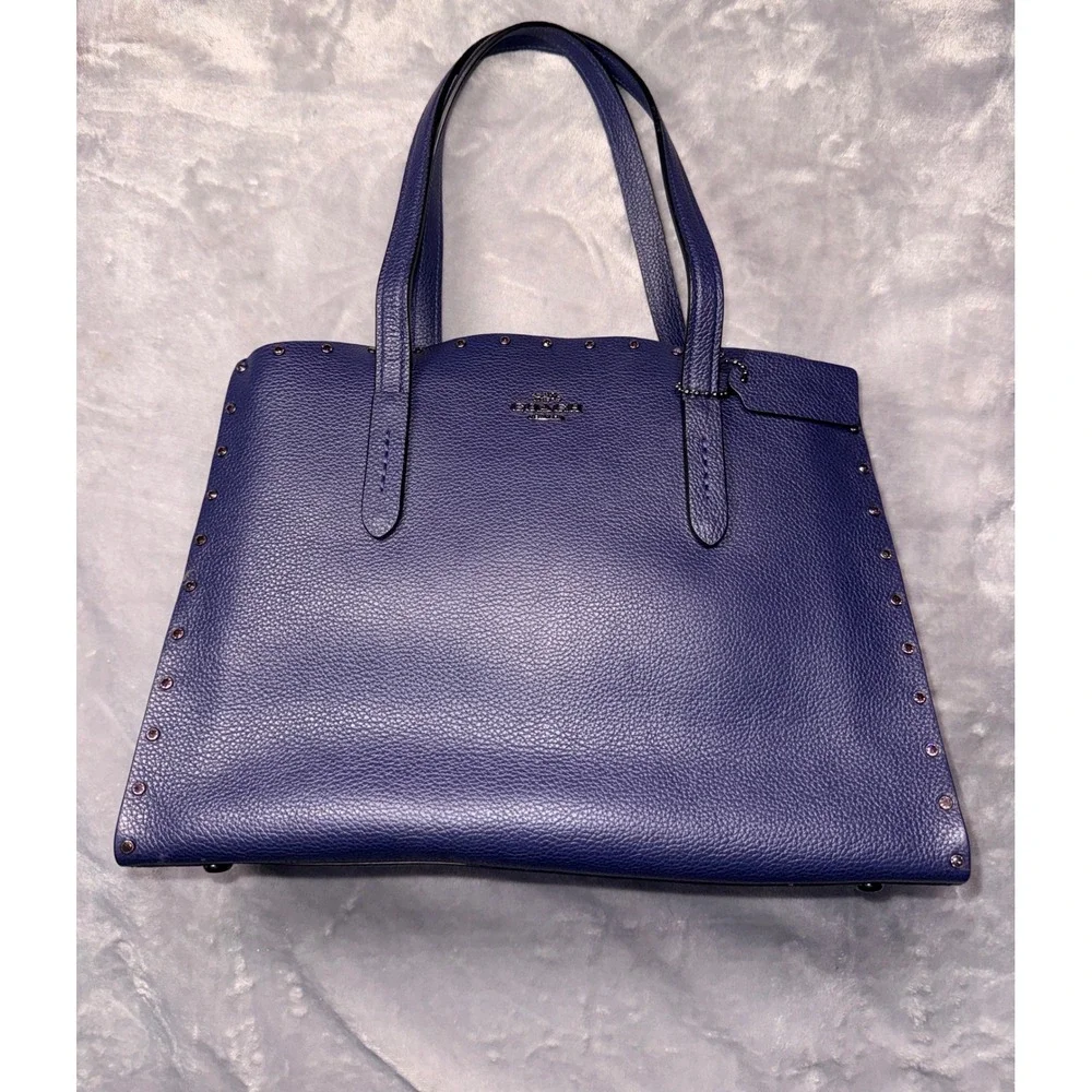 Coach Charlie Carryall Blue Pebbled Leather Studded Tote‎ Bag